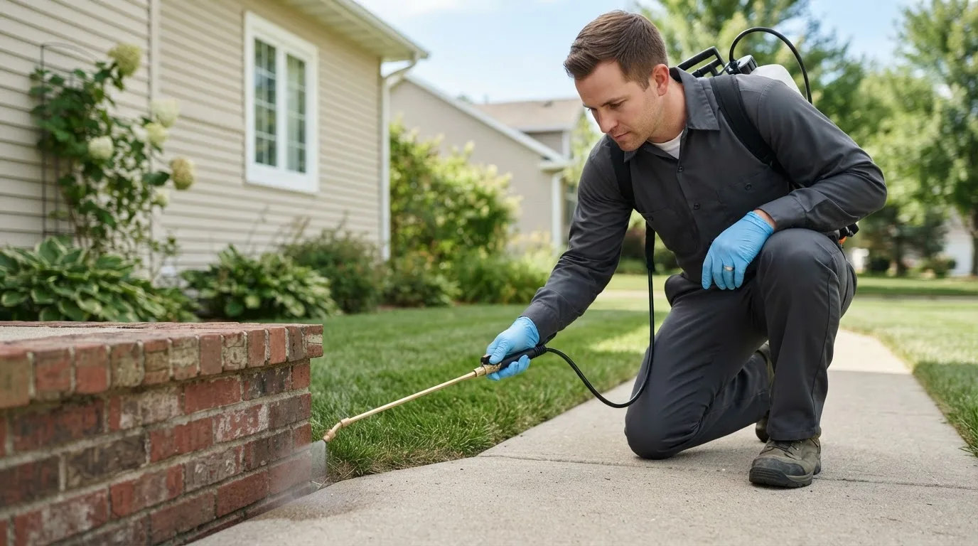 Pest control technician treating a home near Raymondville, TX