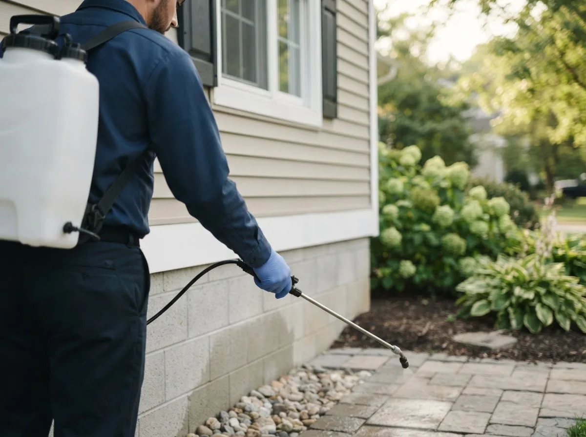 Pest control technician inspecting a home in Raymondville, TX